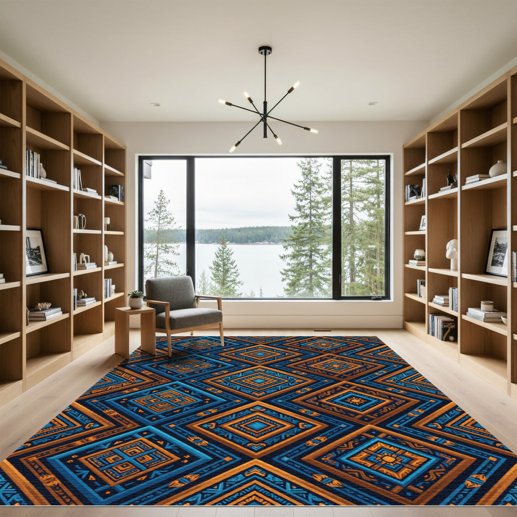 Vibrant Geometric Indigo and Amber Diamond Rug