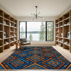 Vibrant Geometric Indigo and Amber Diamond Rug