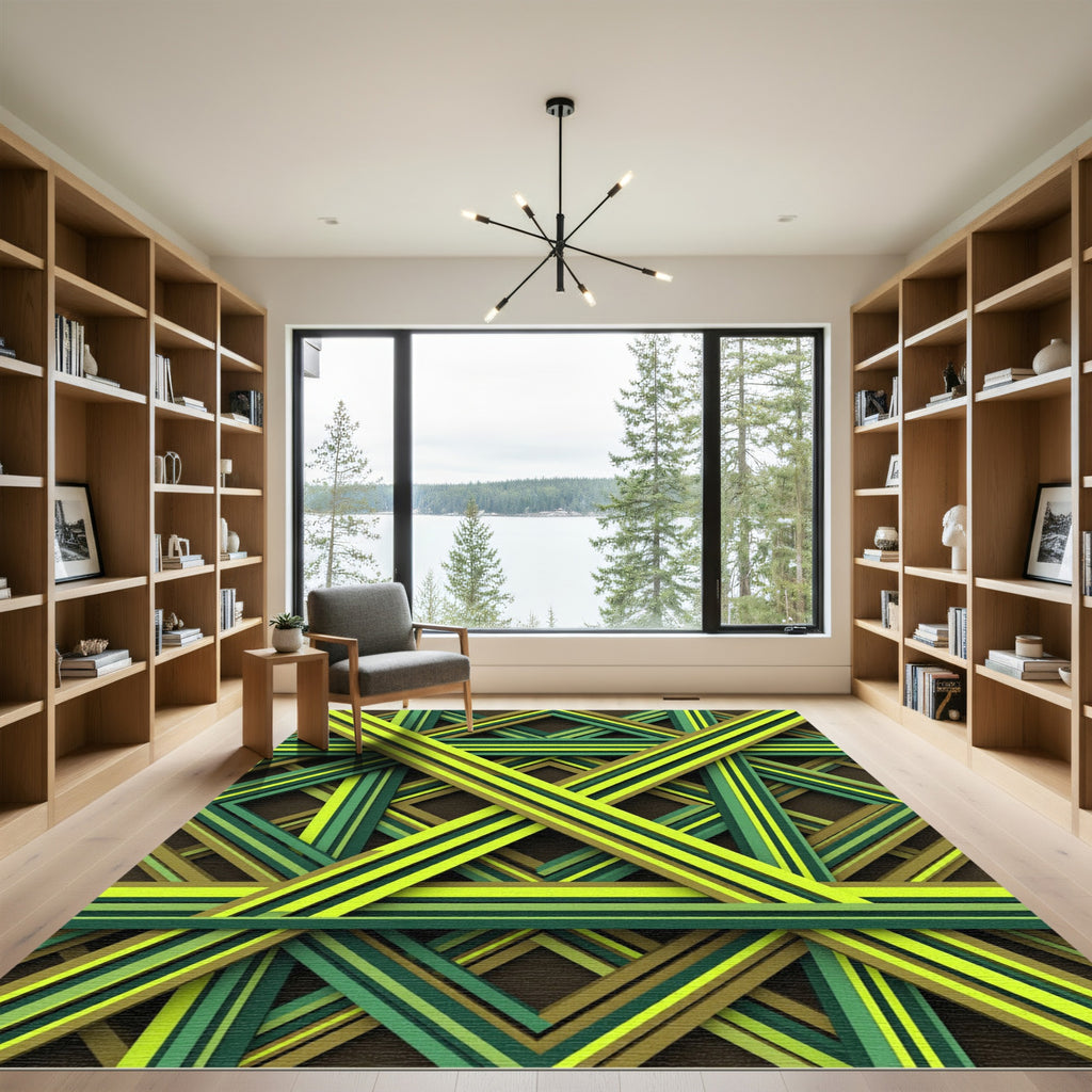 Geometric Lime and Olive Interwoven Grid Rug