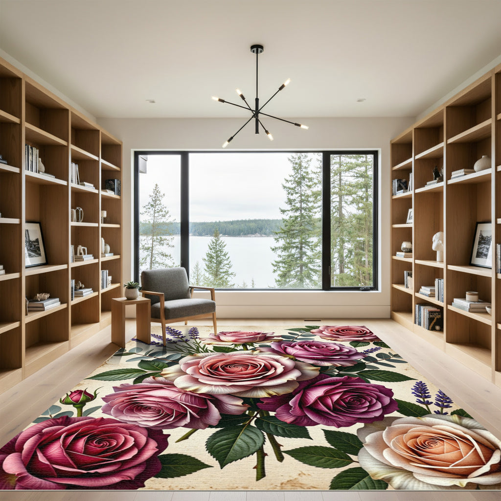 Romantic Pink Rose Lavender Bouquet Rug