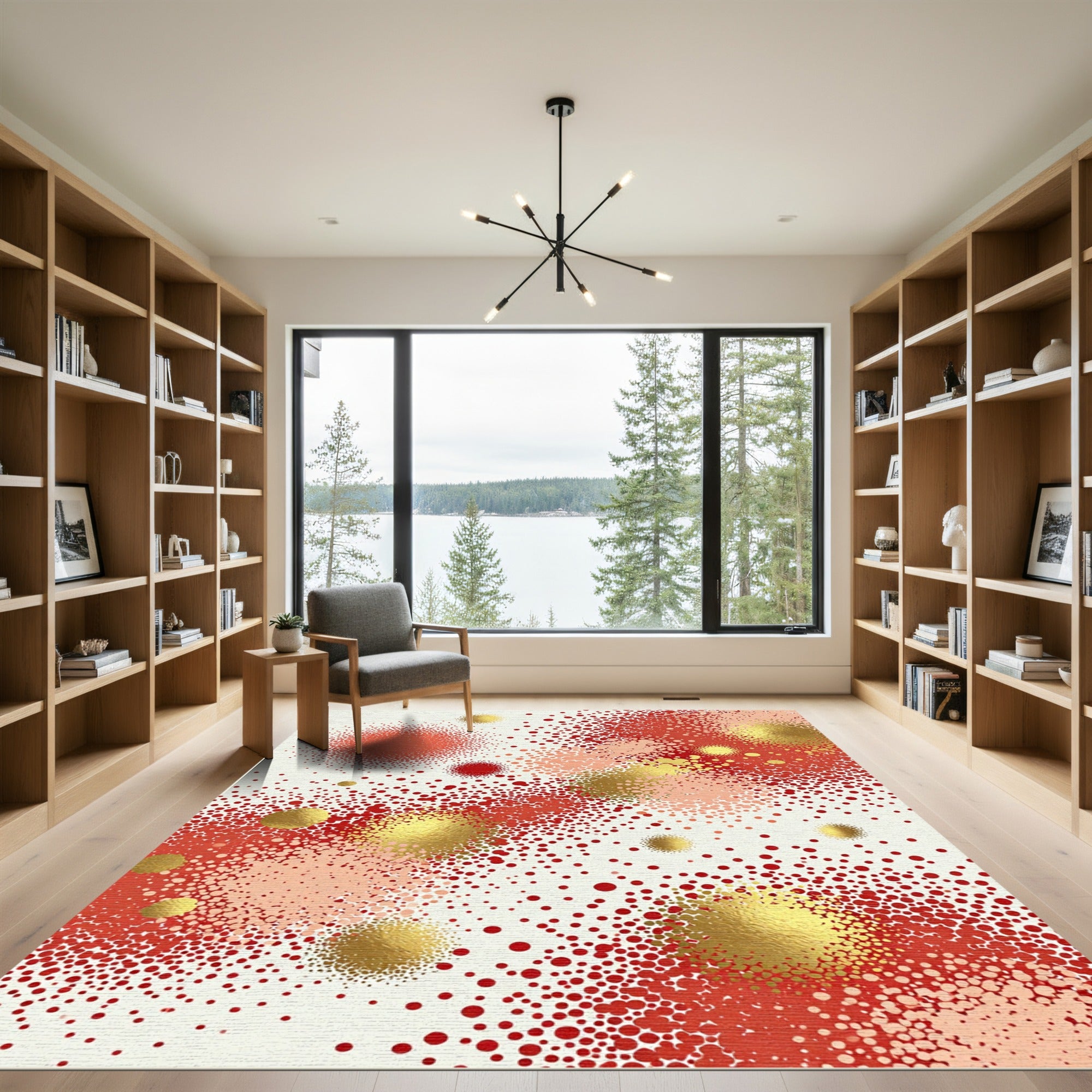 Abstract Crimson Dotted Gold Sphere Rug