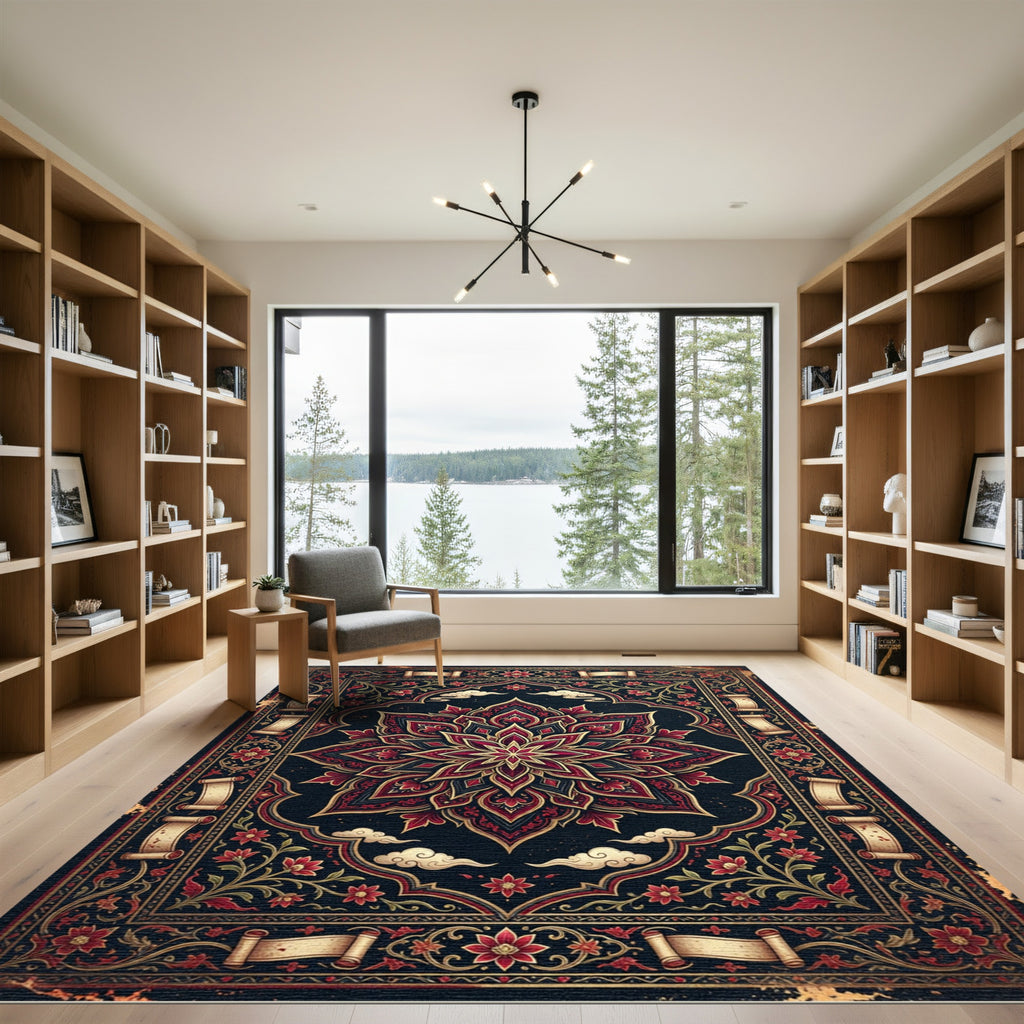 Midnight Crimson Gold Floral Lotus Rug