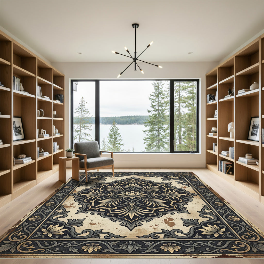 Ornate Cream and Charcoal Floral Medallion Rug