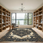 Ornate Cream and Charcoal Floral Medallion Rug