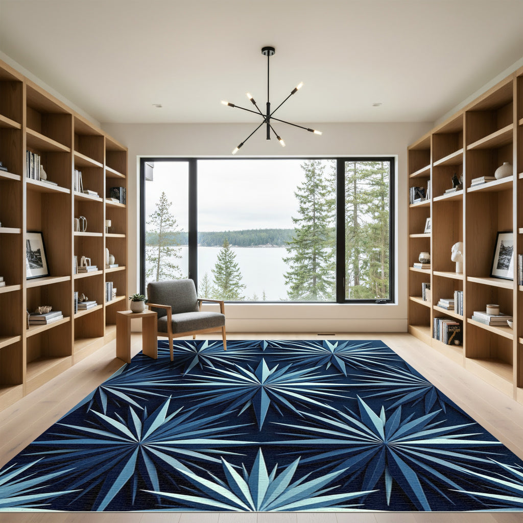 Deep Blue Starburst Geometric Relief Rug