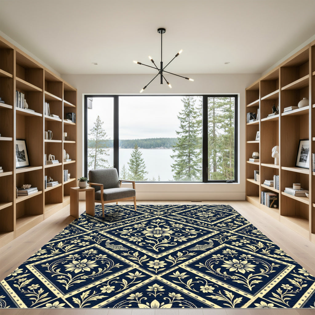 Navy Gold Floral Koi Fish Diamond Rug
