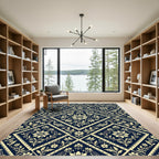 Navy Gold Floral Koi Fish Diamond Rug