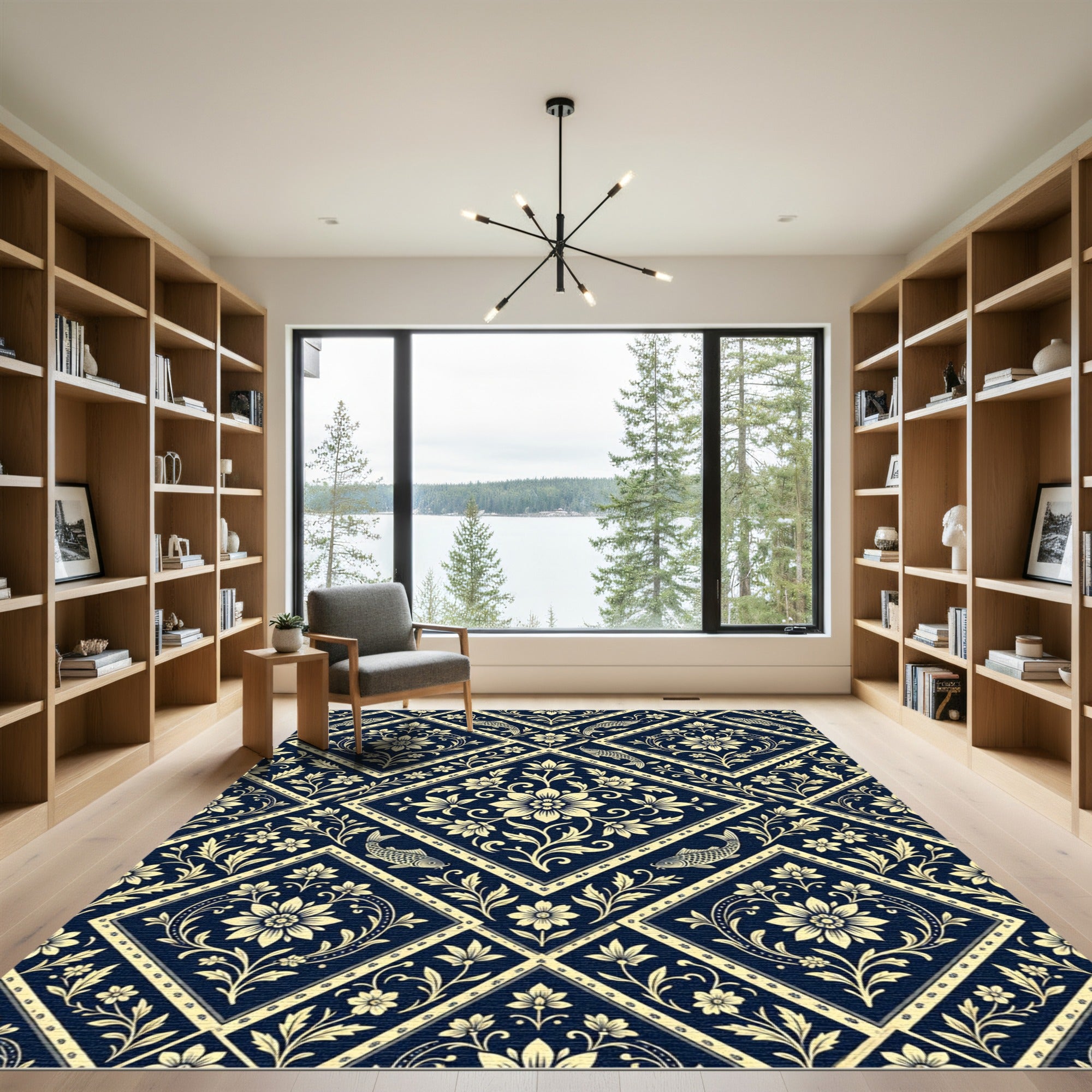 Navy Gold Floral Koi Fish Diamond Rug