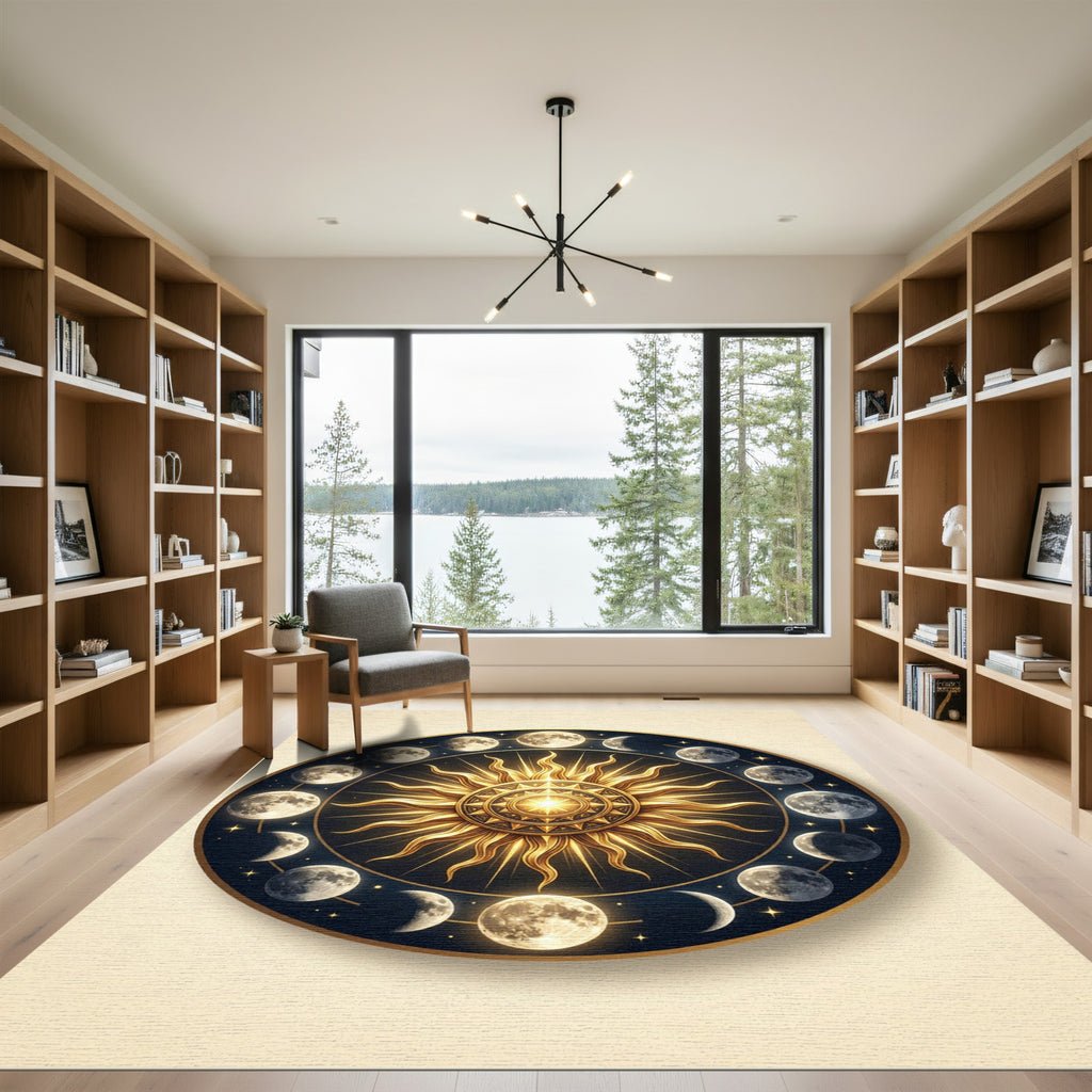 Celestial Gold Sun and Moon Phase Rug
