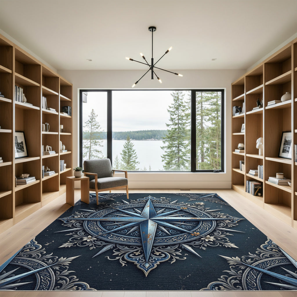 Ornate Steel Blue Celestial Compass Rug