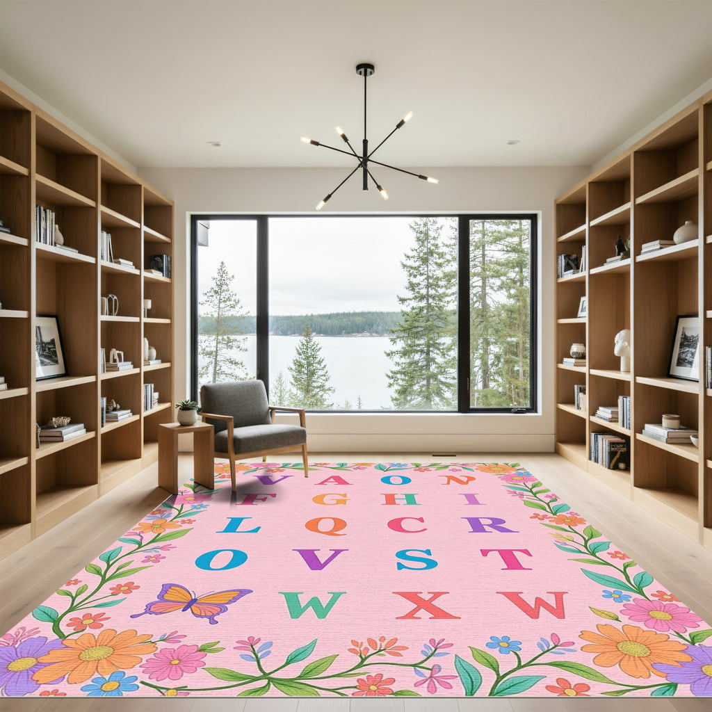 Alphabet Flowers Butterfly Whimsical Collage Rug