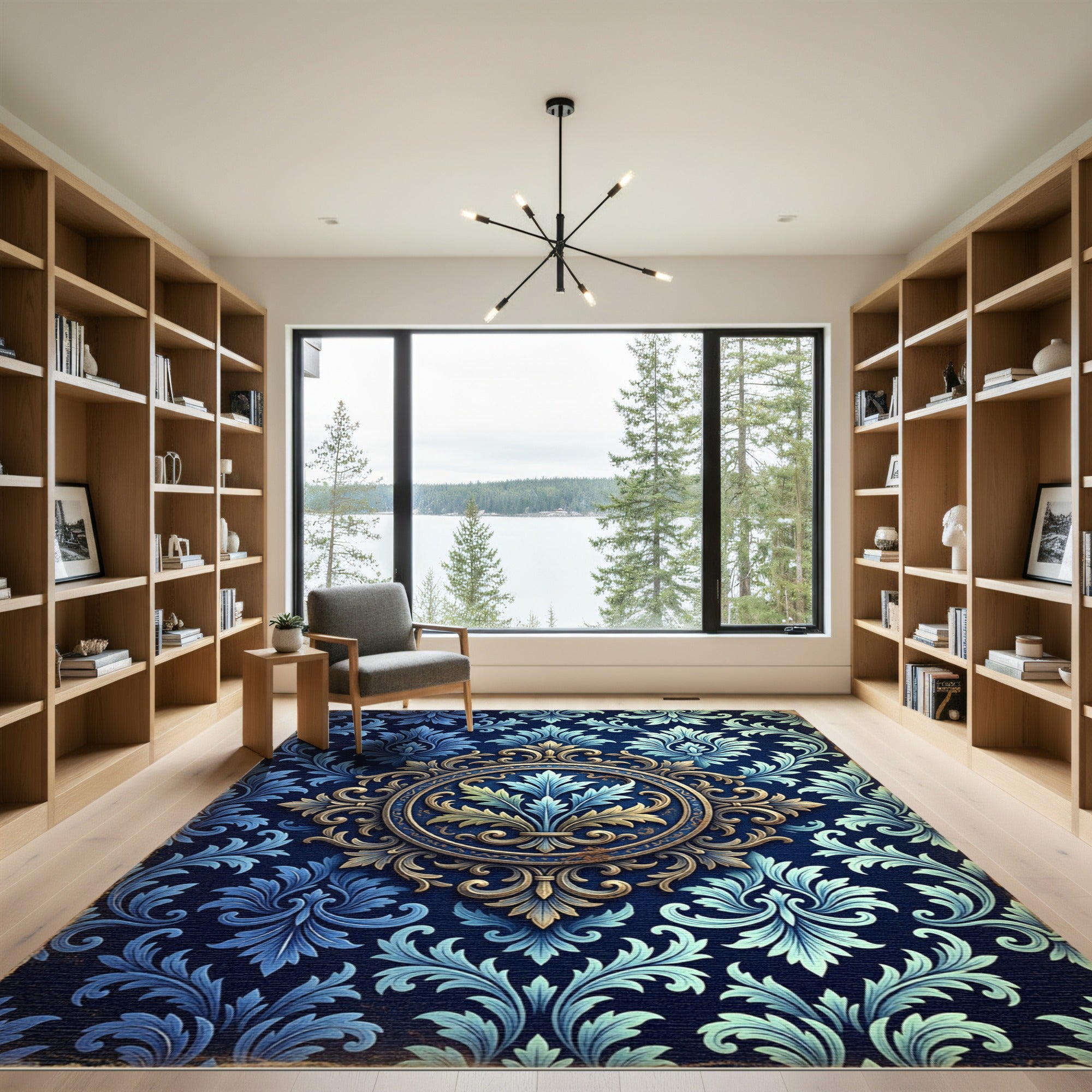 Ornate Blue Golden Acanthus Medallion Rug