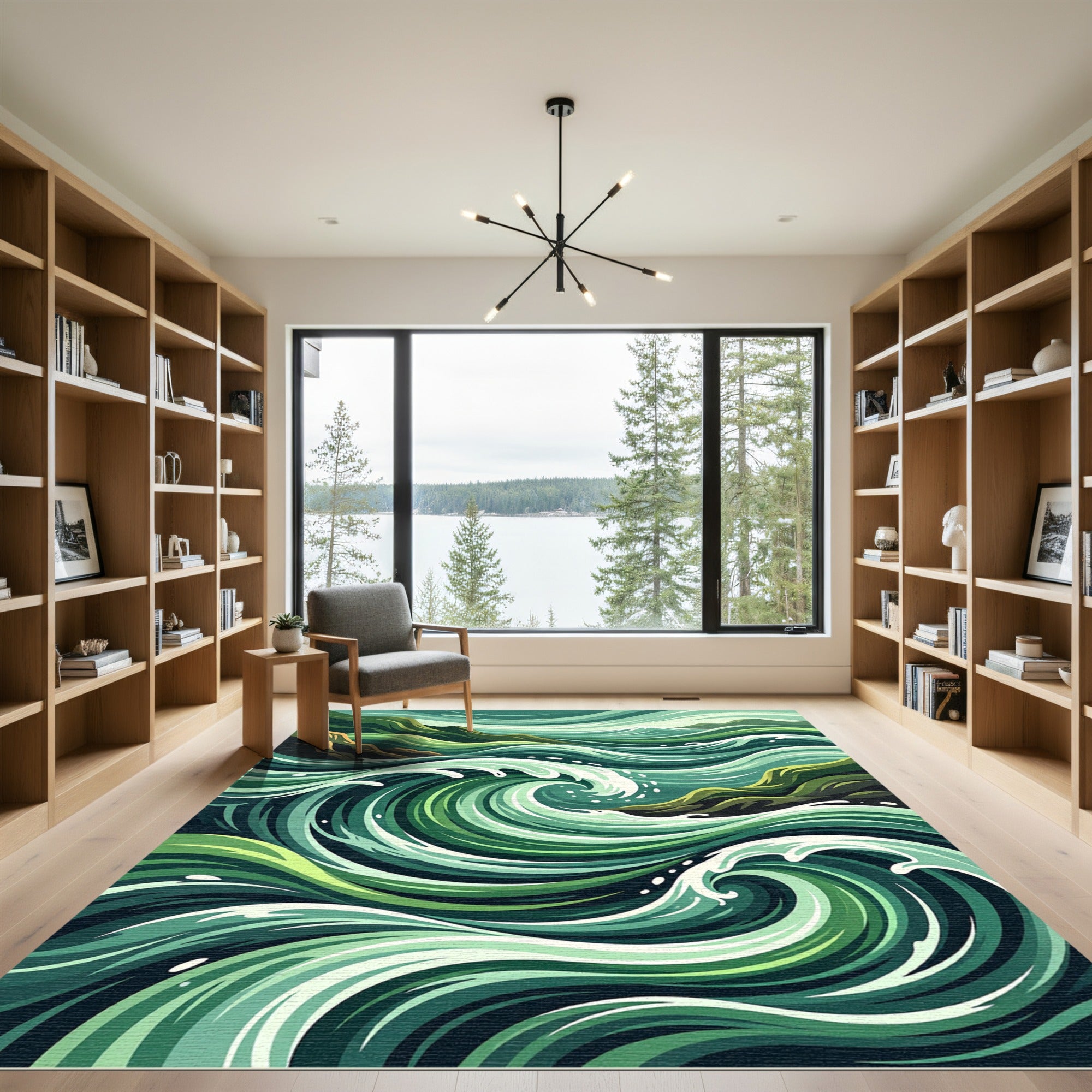Abstract Emerald Ocean Wave Swirl Rug