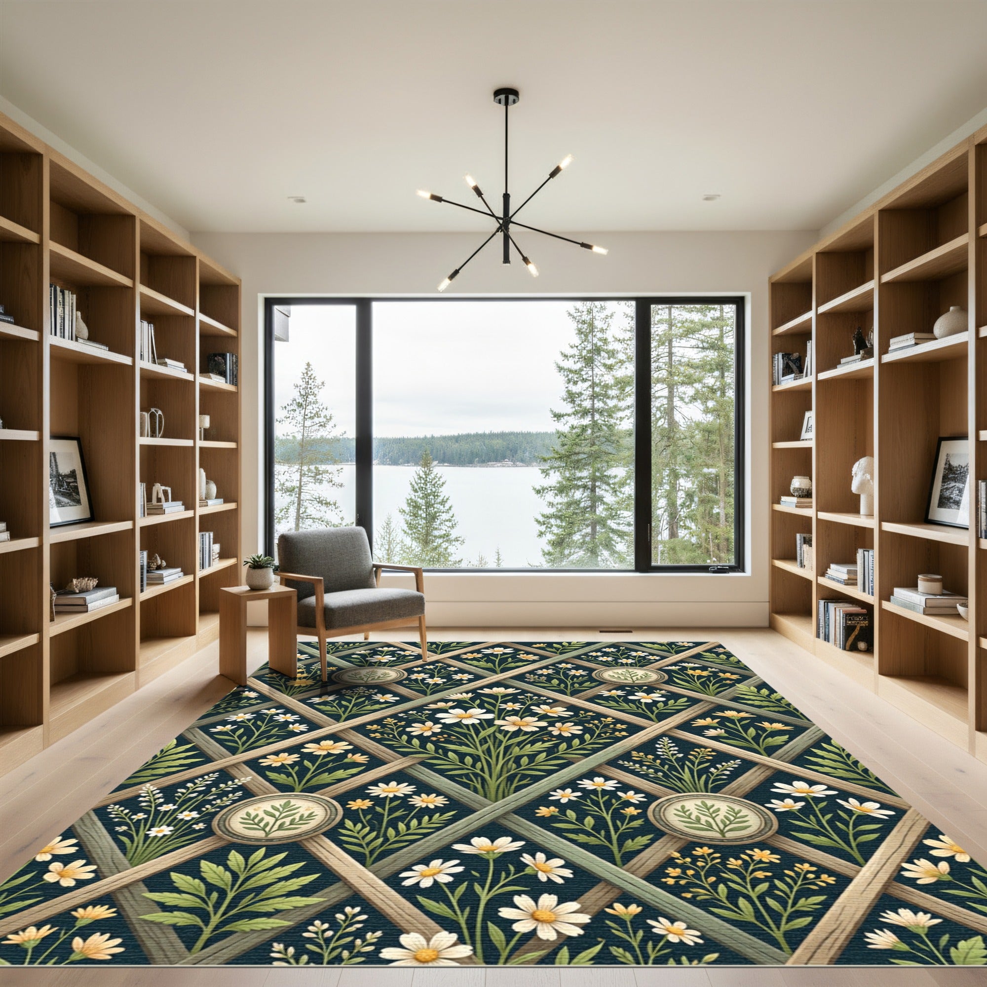 Dark Botanical Chamomile Trellis Lattice Rug