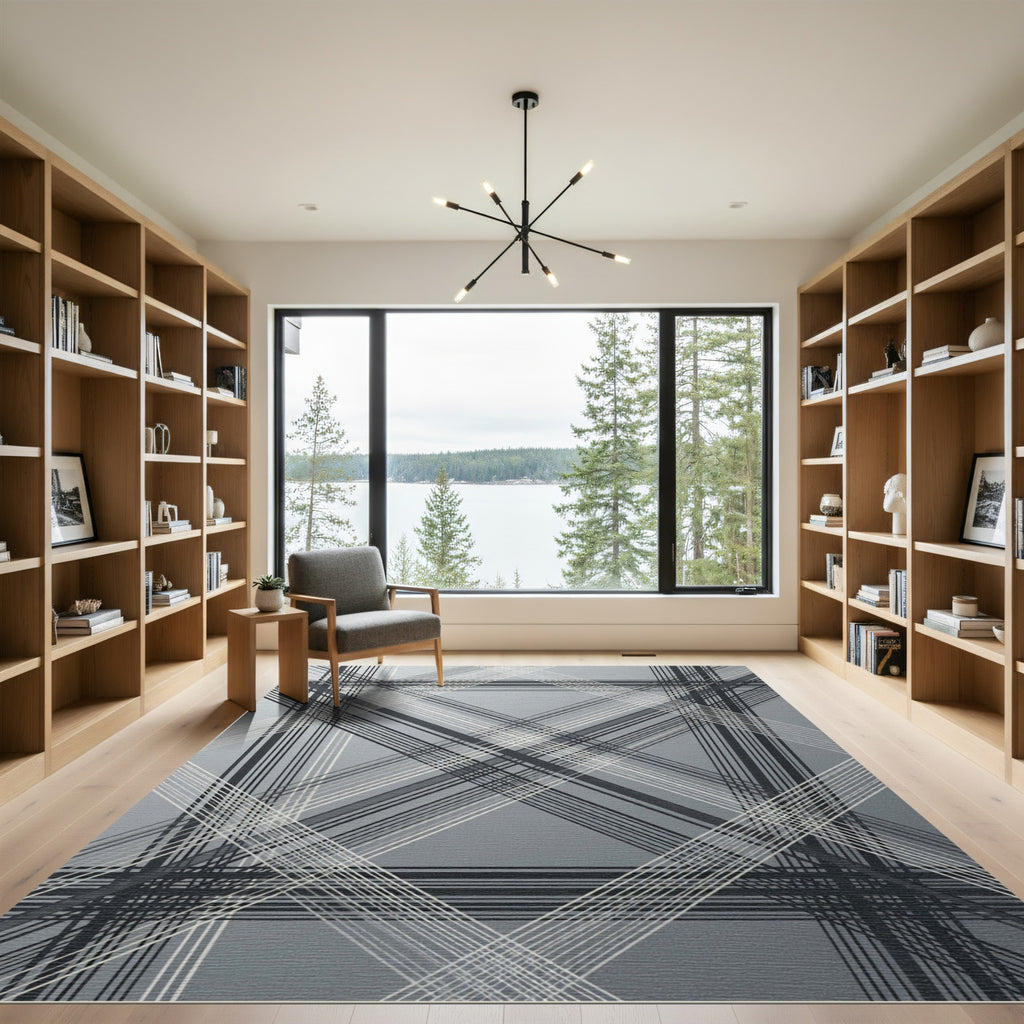 Modern Gray Plaid Overlapping Lines Rug