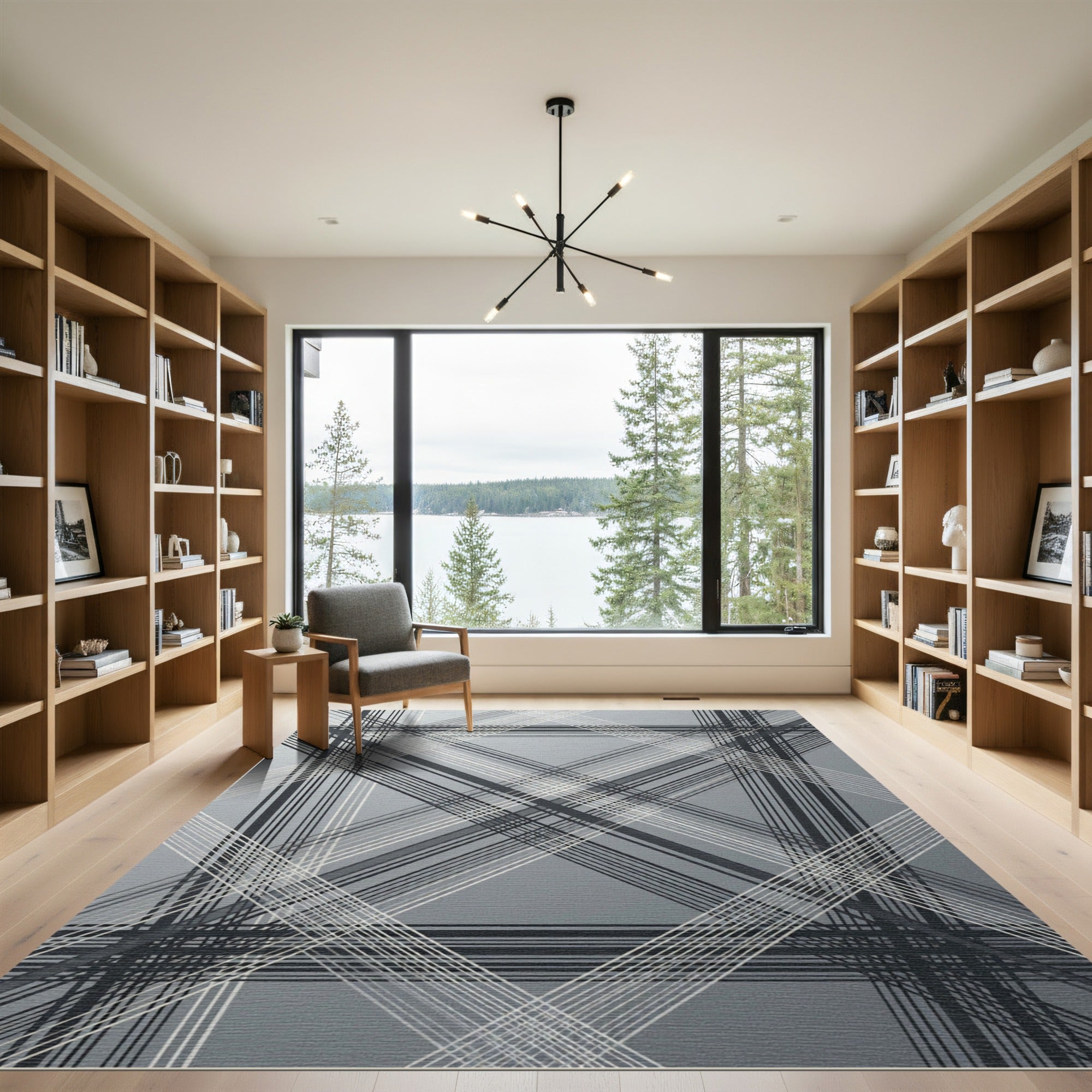 Modern Gray Plaid Overlapping Lines Rug