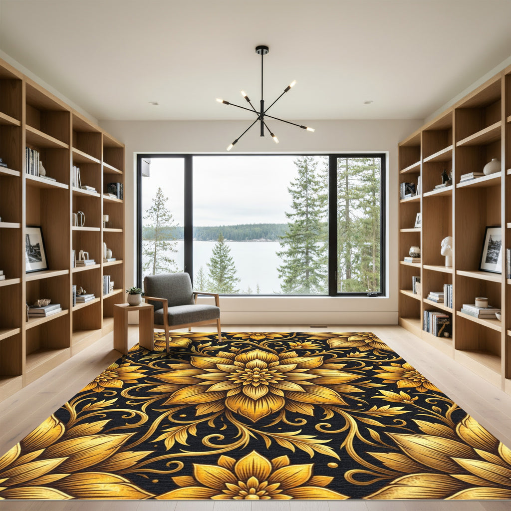 Opulent Gold Floral Damask Filigree Rug