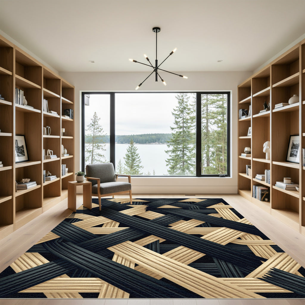 Monochrome Black and Beige Interwoven Grid Rug