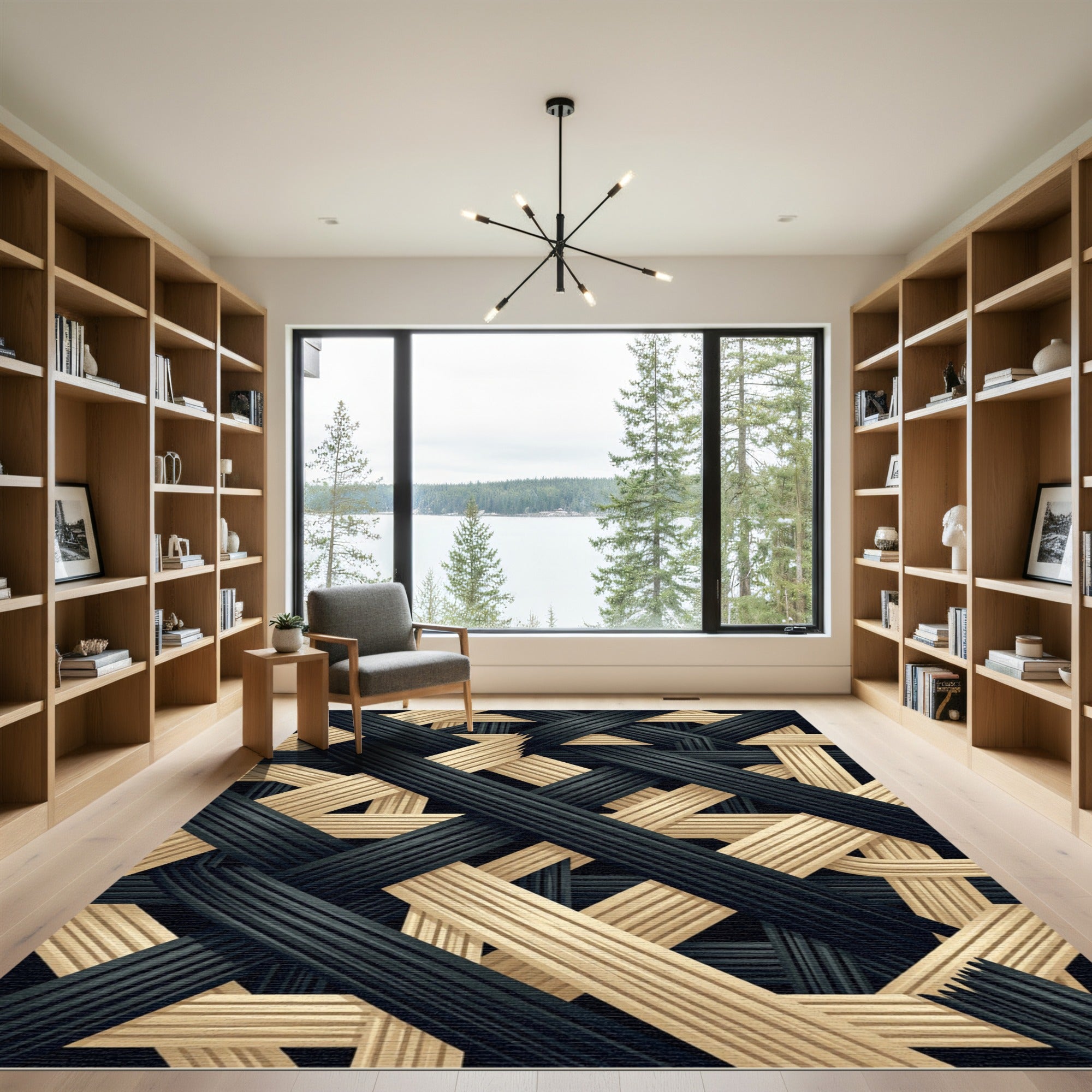 Monochrome Black and Beige Interwoven Grid Rug