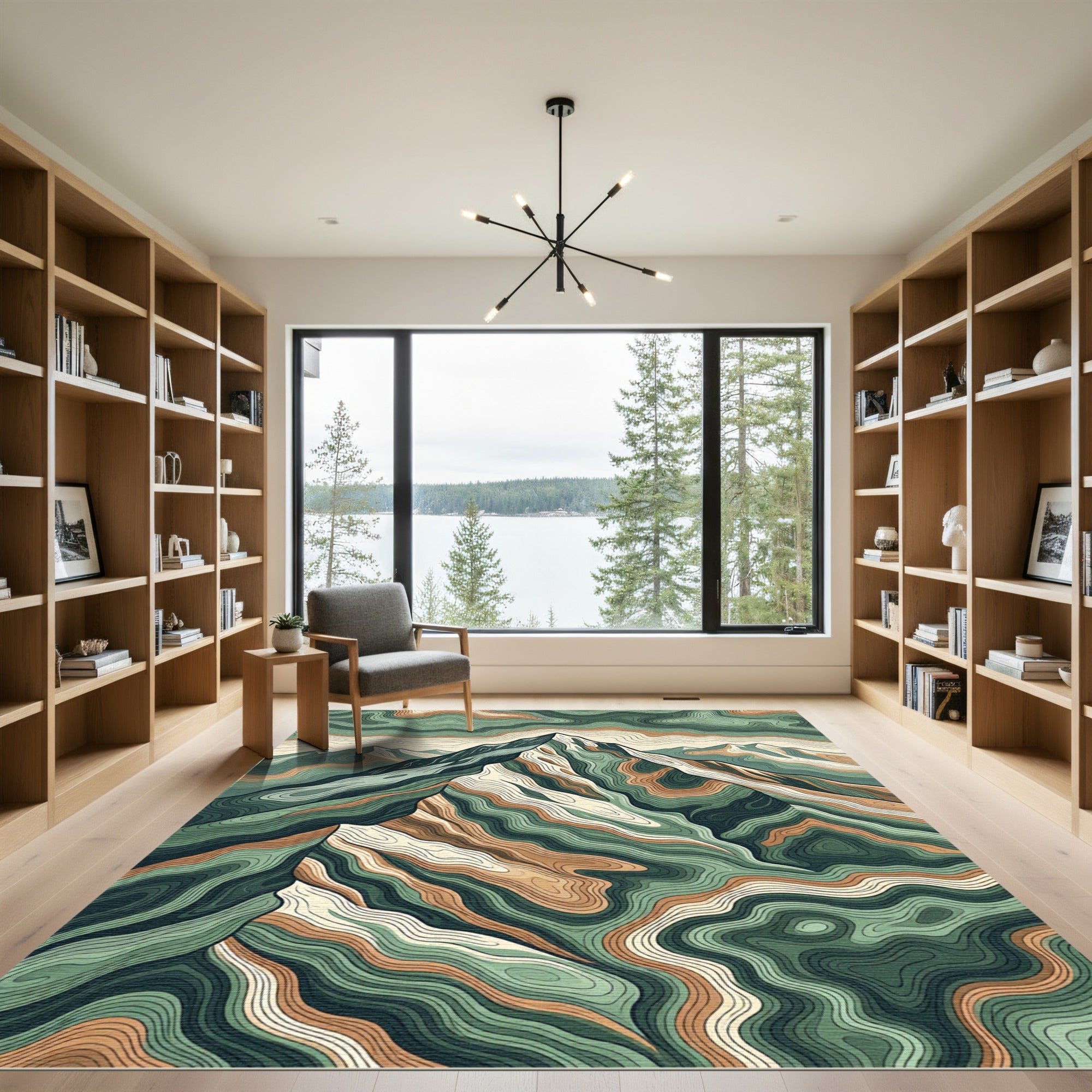 Earthy Sage Topographic Mountain Landscape Rug