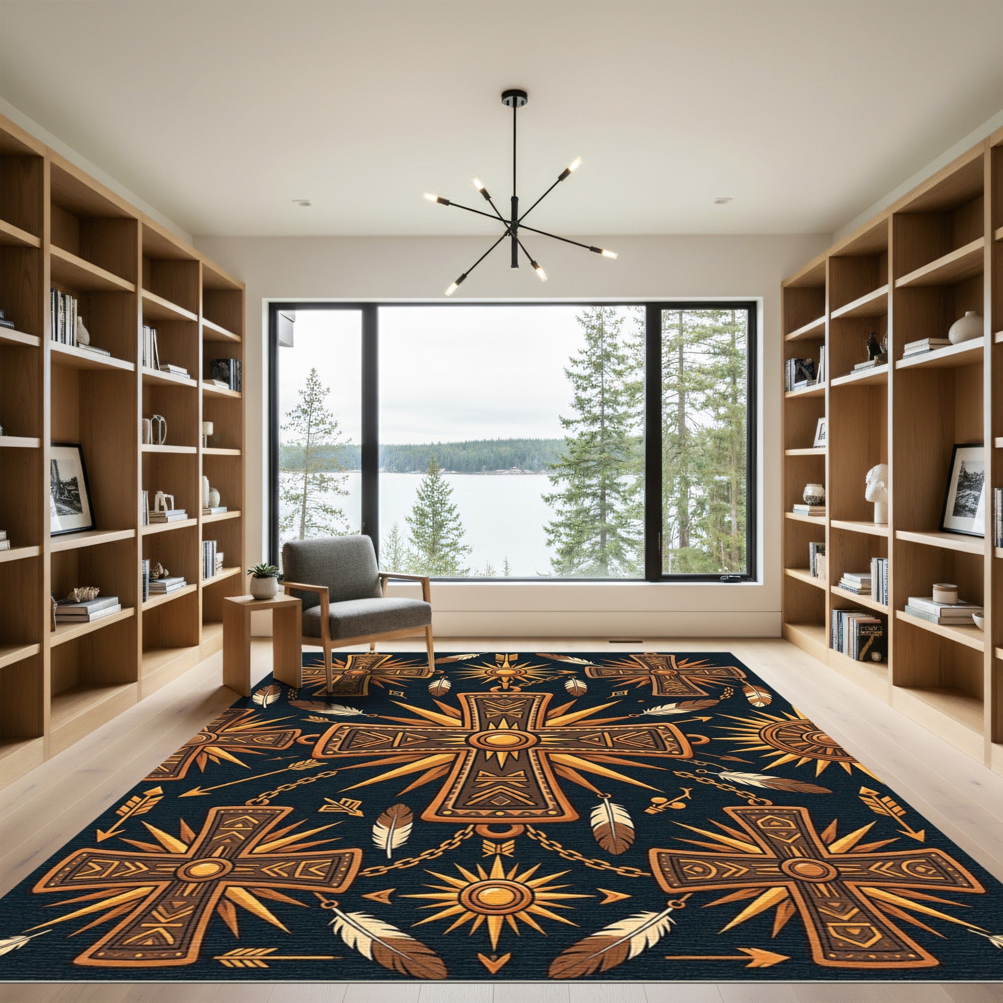 Golden Sun Tribal Crosses Feathers Rug