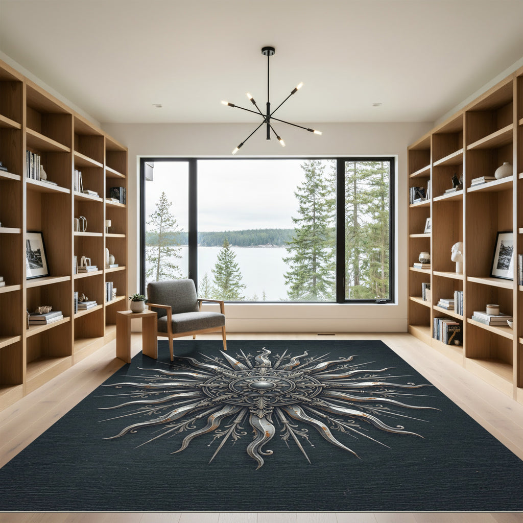 Ornate Silver Celestial Sun Burst Rug