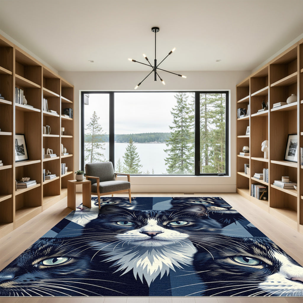 Blue Tonal Feline Portrait Geometric Area Rug