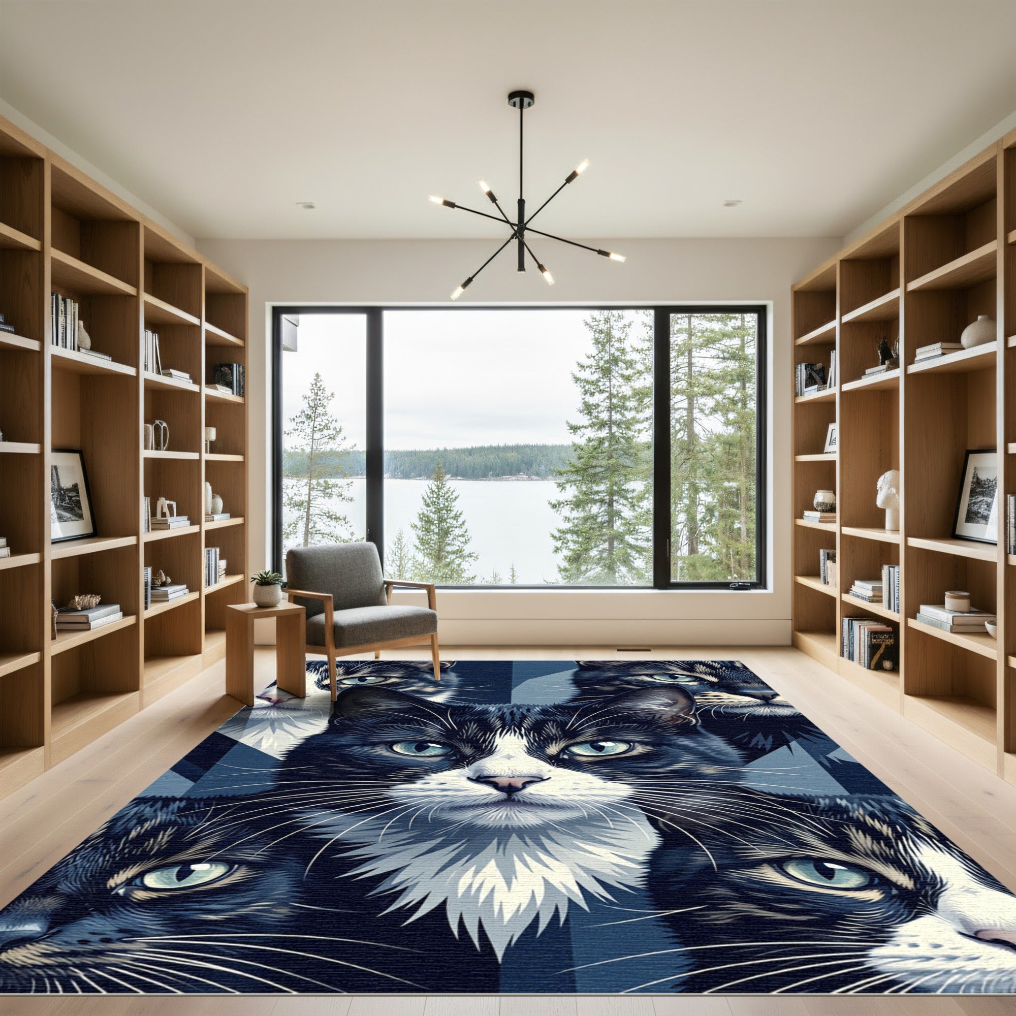 Blue Tonal Feline Portrait Geometric Area Rug