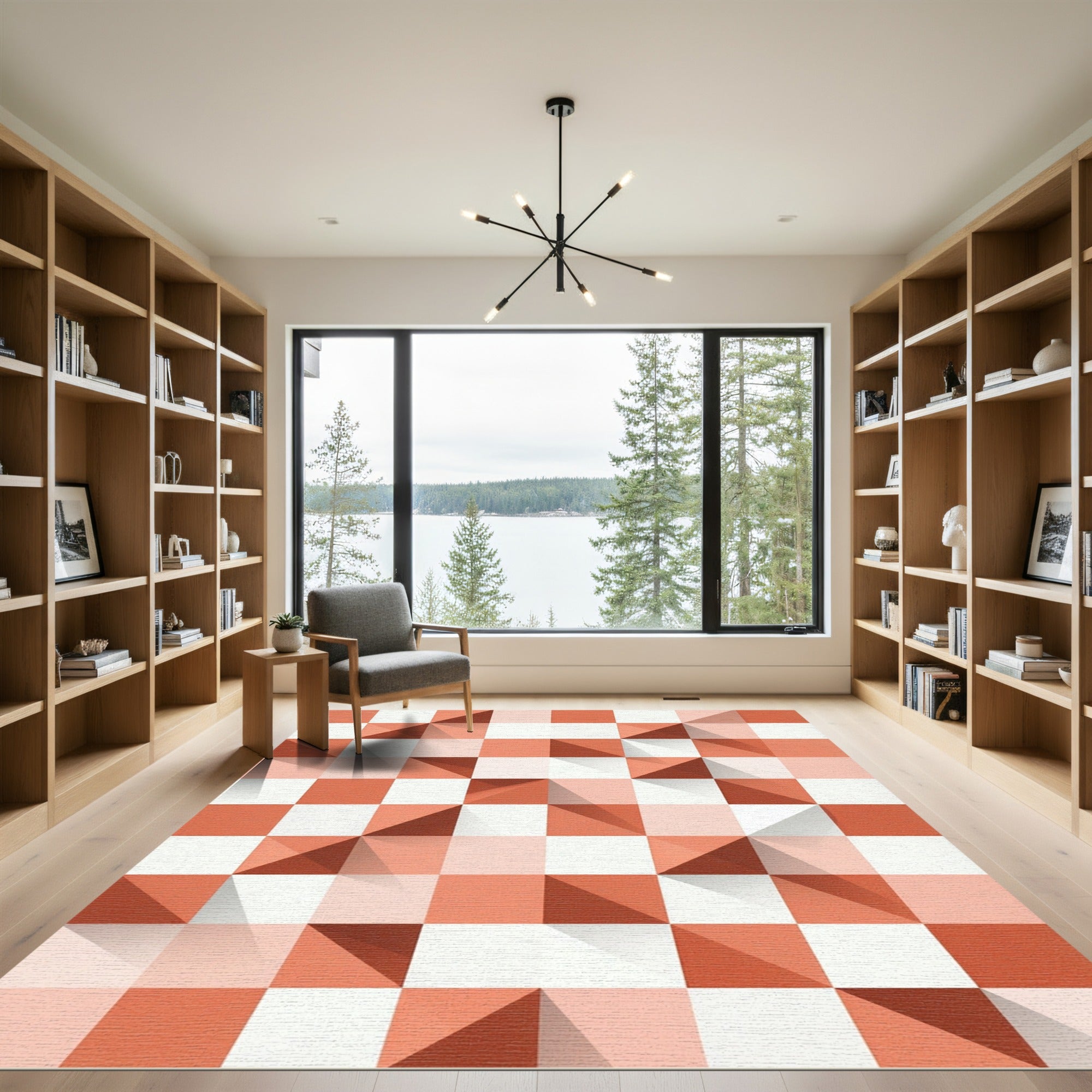 Geometric Terracotta and White Abstract Quilt Rug