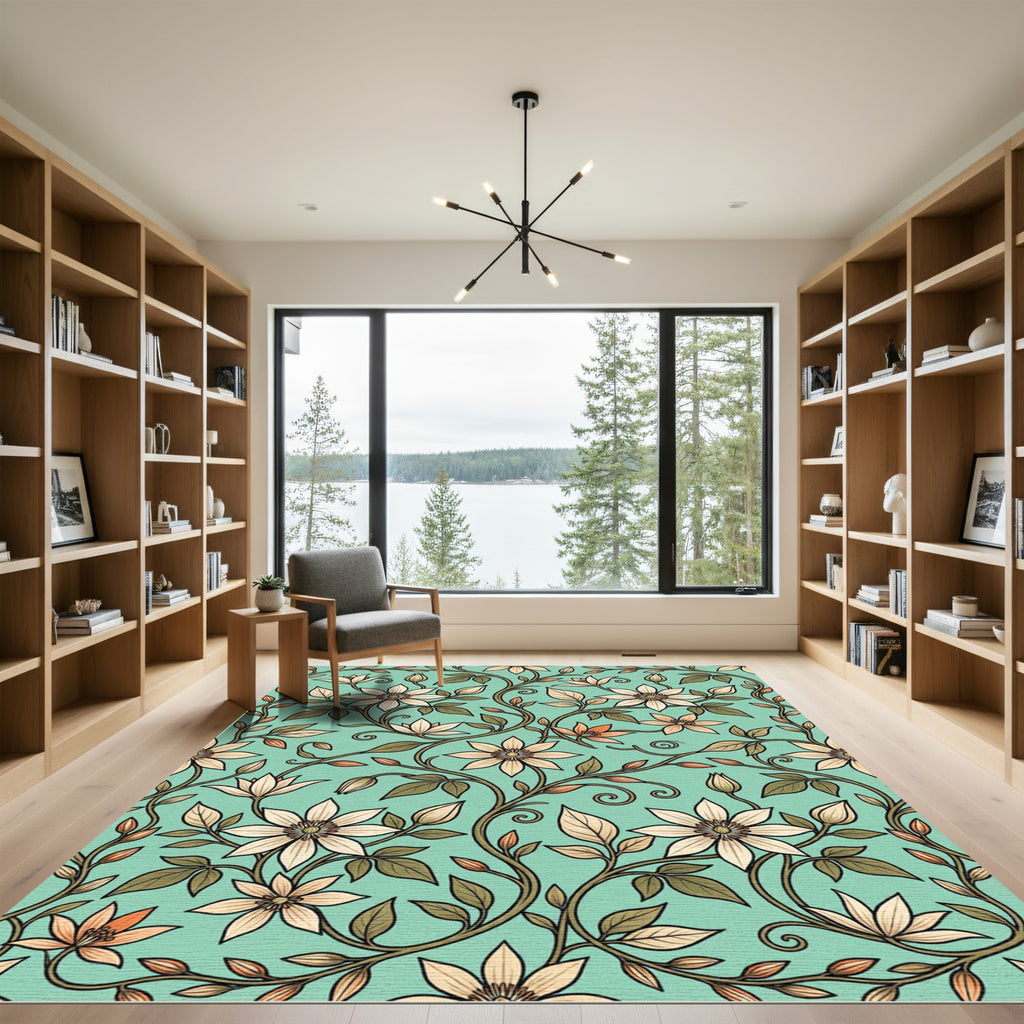 Elegant Sage Green Clematis Floral Vine Rug