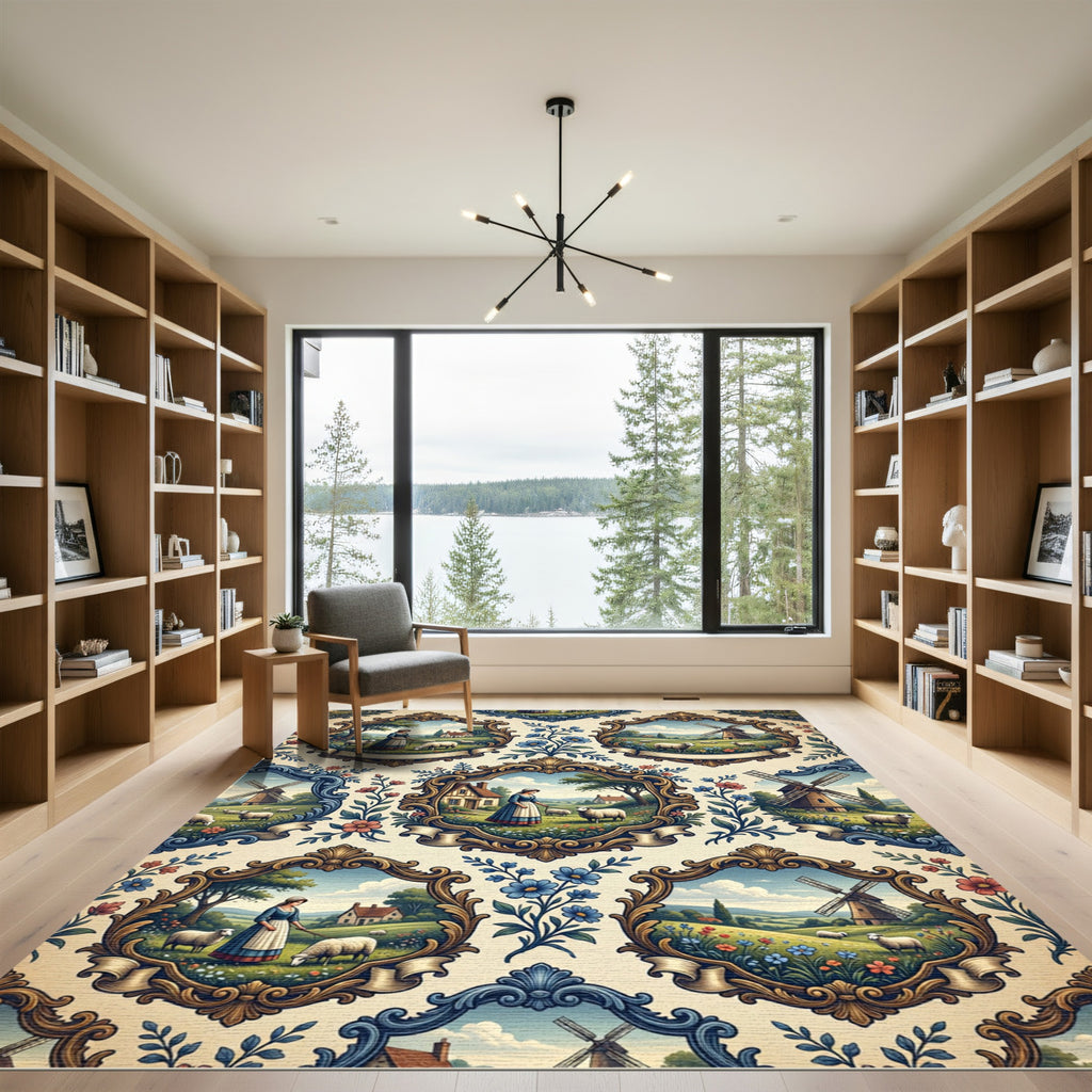 Pastoral Countryside Scene Floral Frame Rug