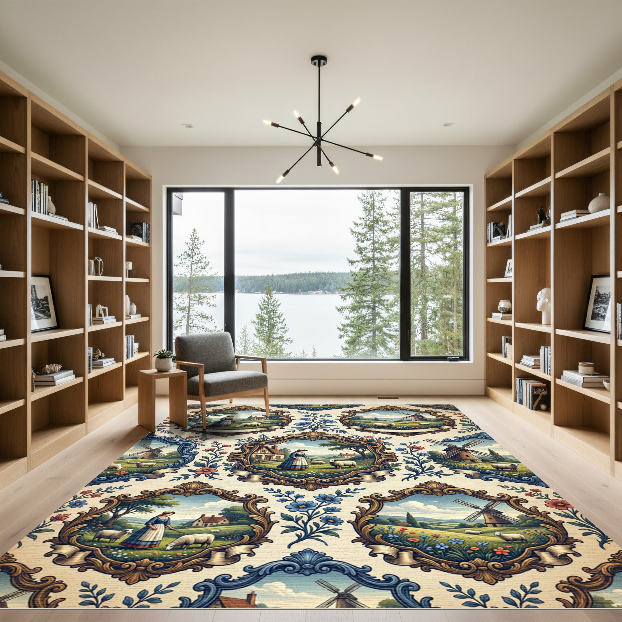 Pastoral Countryside Scene Floral Frame Rug