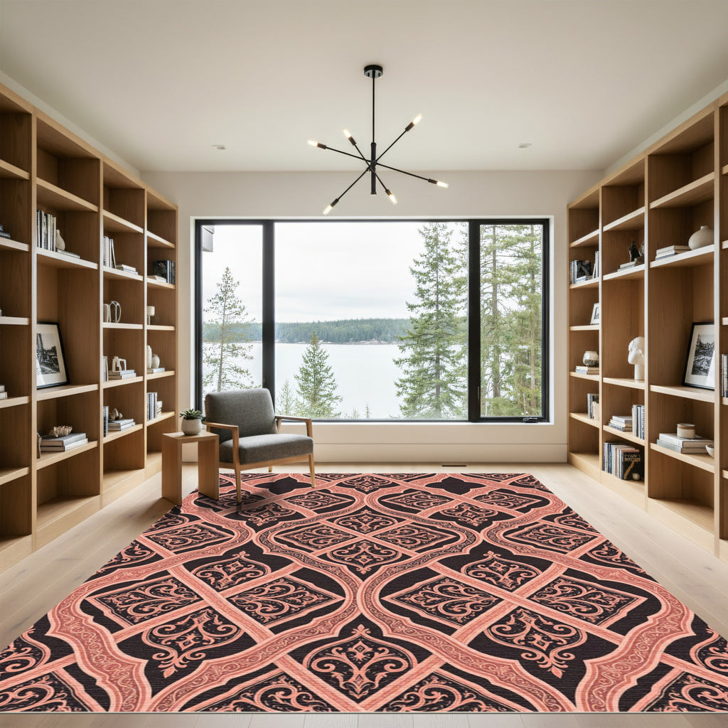 Ornate Terracotta Damask Lattice Flow Rug