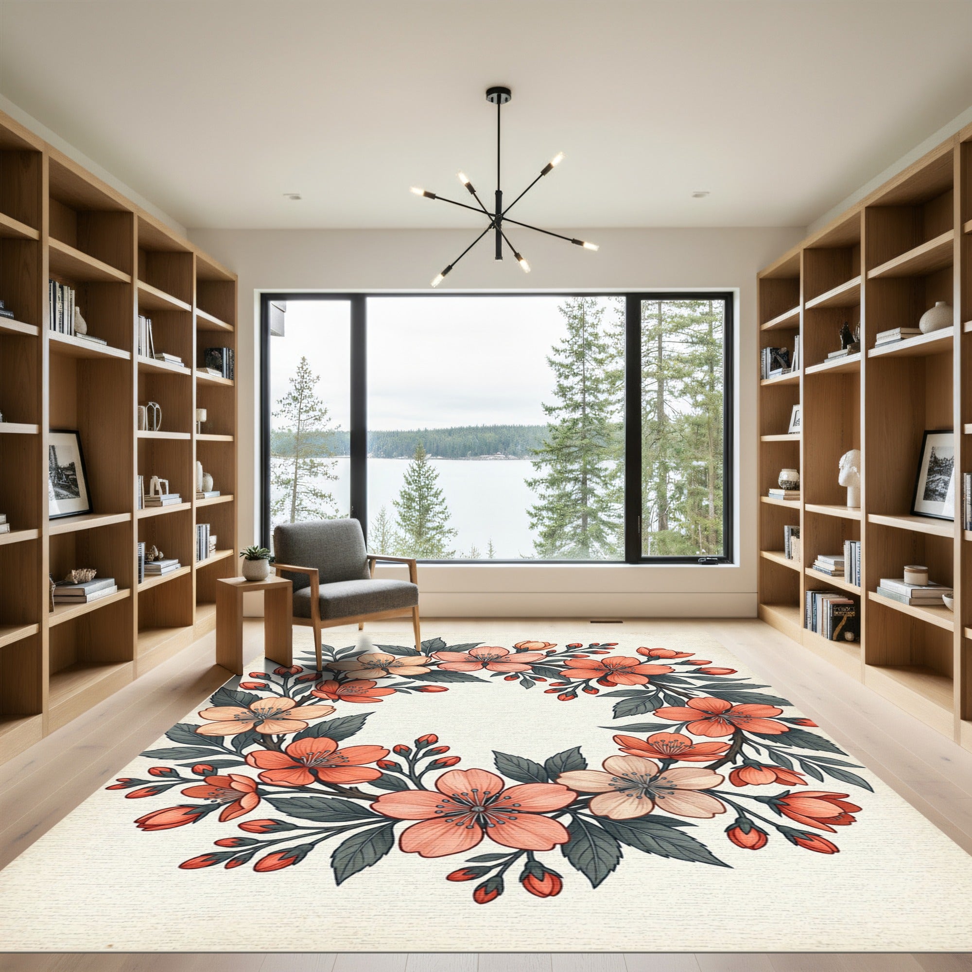 Blush Peach Spring Sakura Wreath Rug