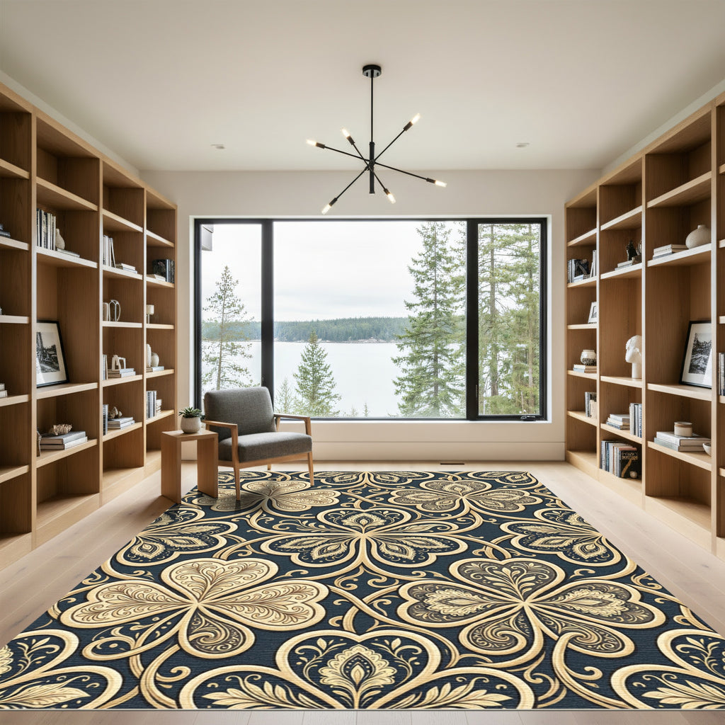 Ornate Golden Clover Charcoal Damask Rug
