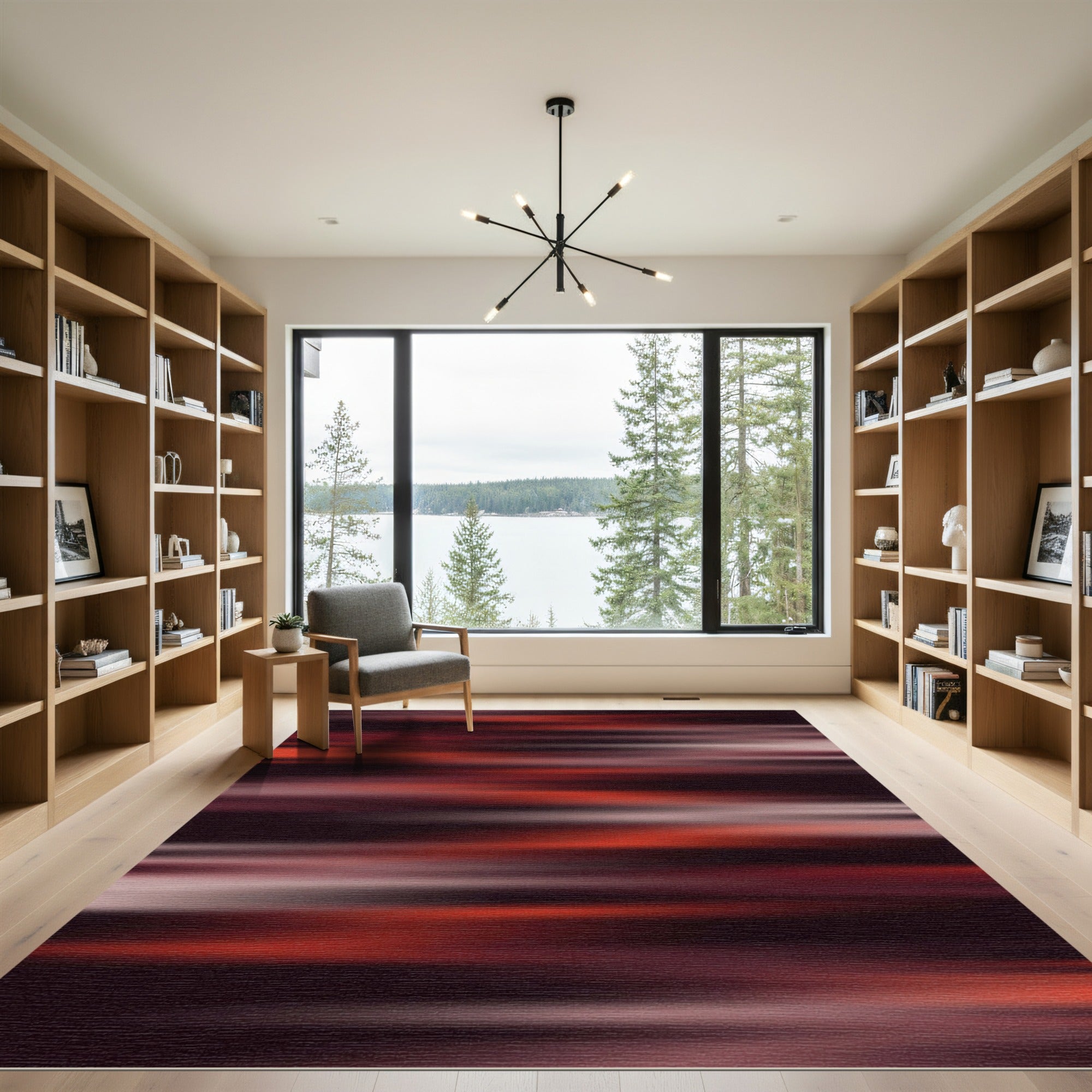 Ethereal Crimson Shadow Linear Abstract Rug