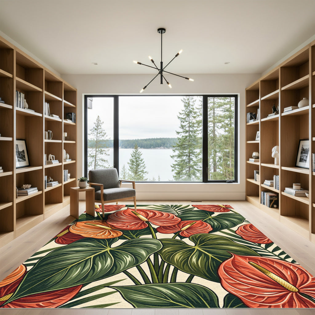 Lush Tropical Anthurium Botanical Garden Rug