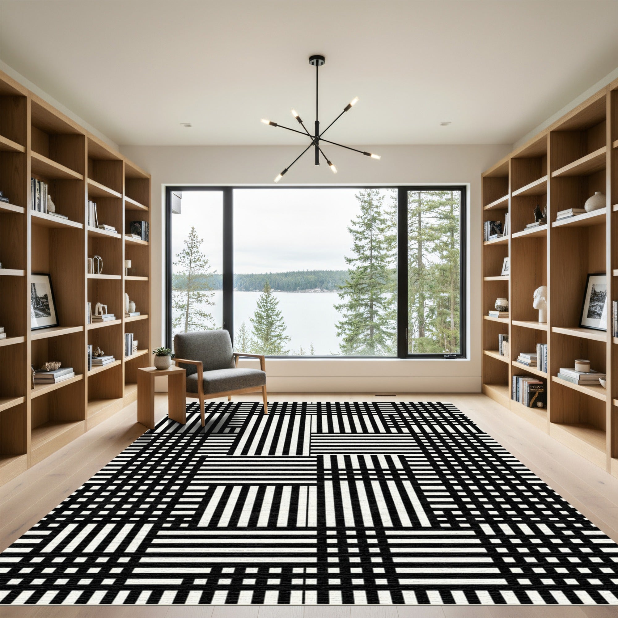 Modern Monochrome Grid Geometric Linear Area Rug