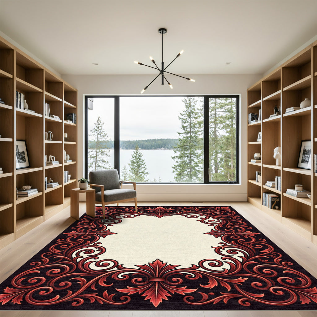 Ornate Crimson Floral Scroll Frame Rug