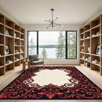 Ornate Crimson Floral Scroll Frame Rug