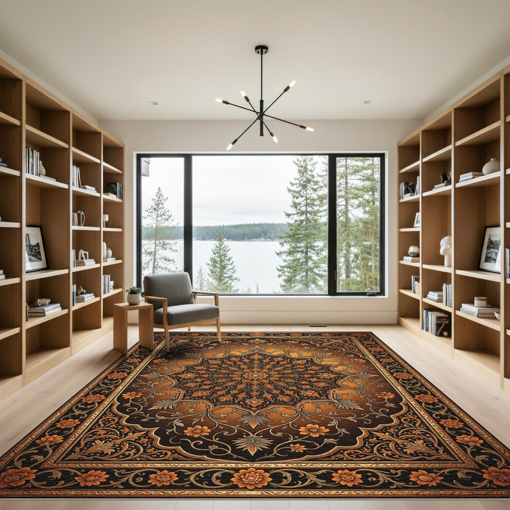 Golden Orange Floral Medallion Rug