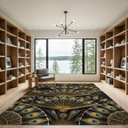 Black Gold Peacock Feather Fan Arrangement Rug
