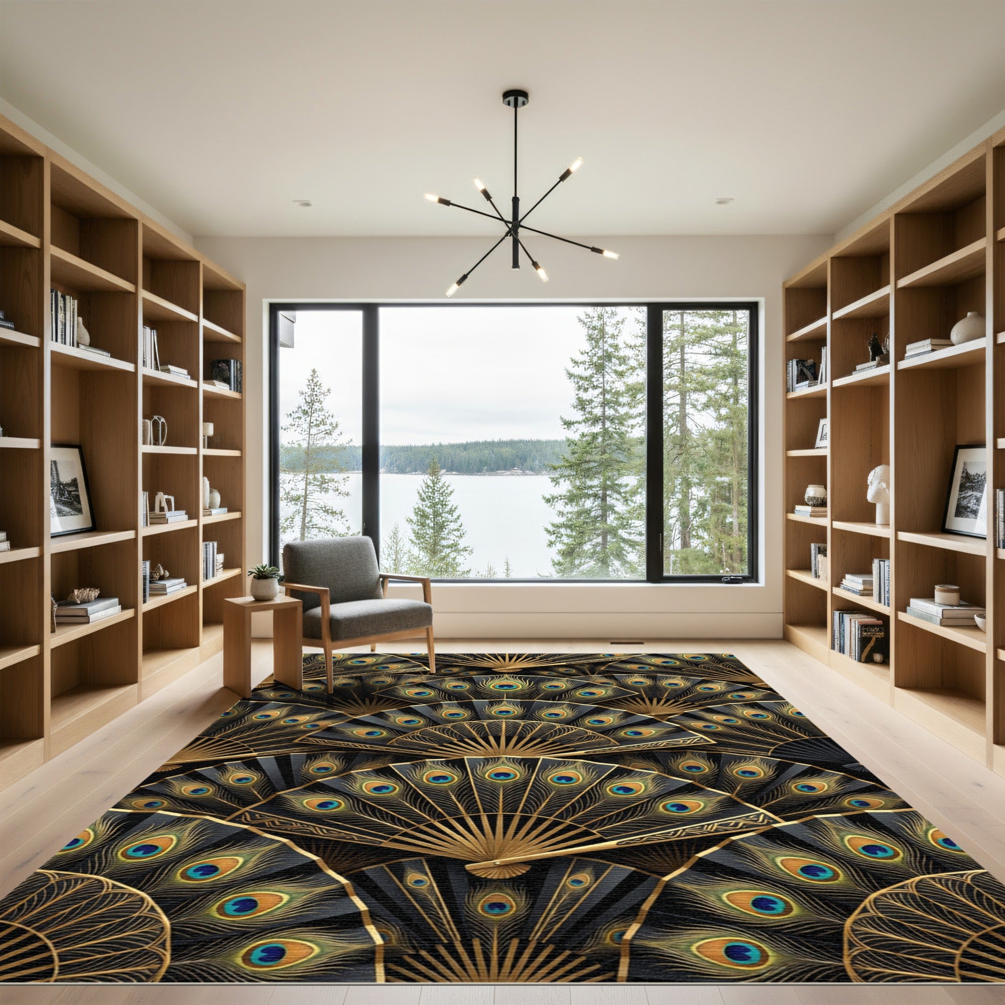 Black Gold Peacock Feather Fan Arrangement Rug