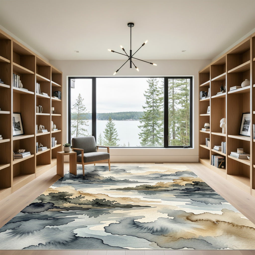 Misty Mountain River Watercolor Landscape Rug