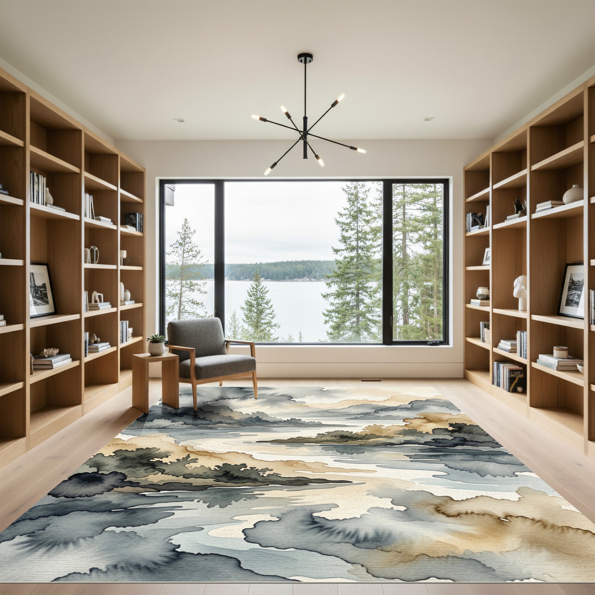 Misty Mountain River Watercolor Landscape Rug