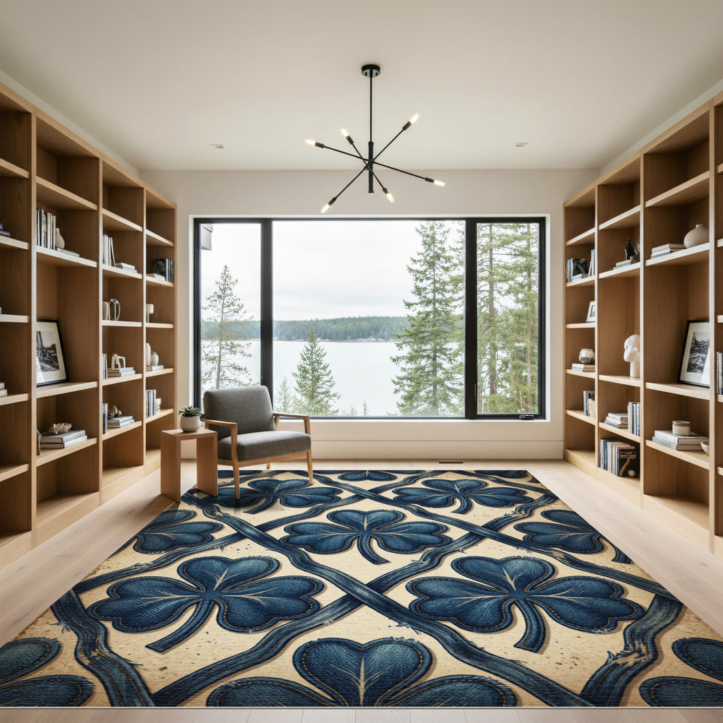 Denim Blue Shamrock Lattice Trellis Rug