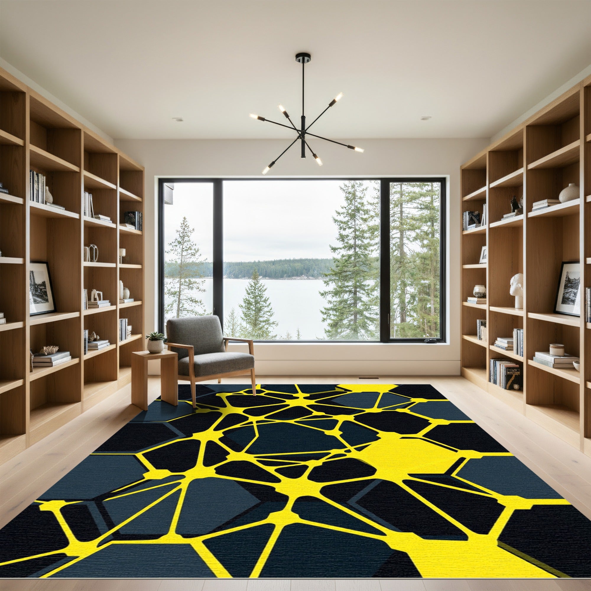 Bold Yellow Abstract Geometric Hexagon Rug