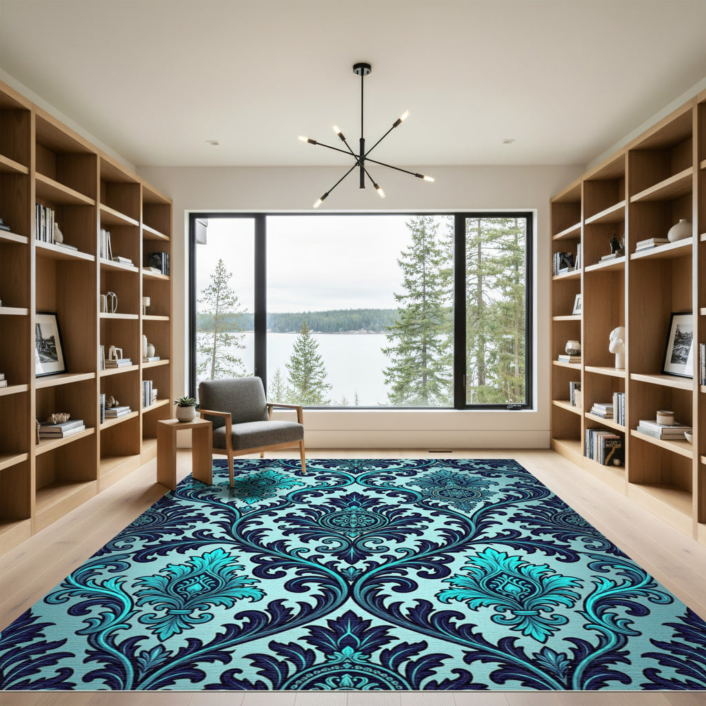 Ornate Cyan and Navy Damask Scroll Rug