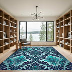 Ornate Cyan and Navy Damask Scroll Rug