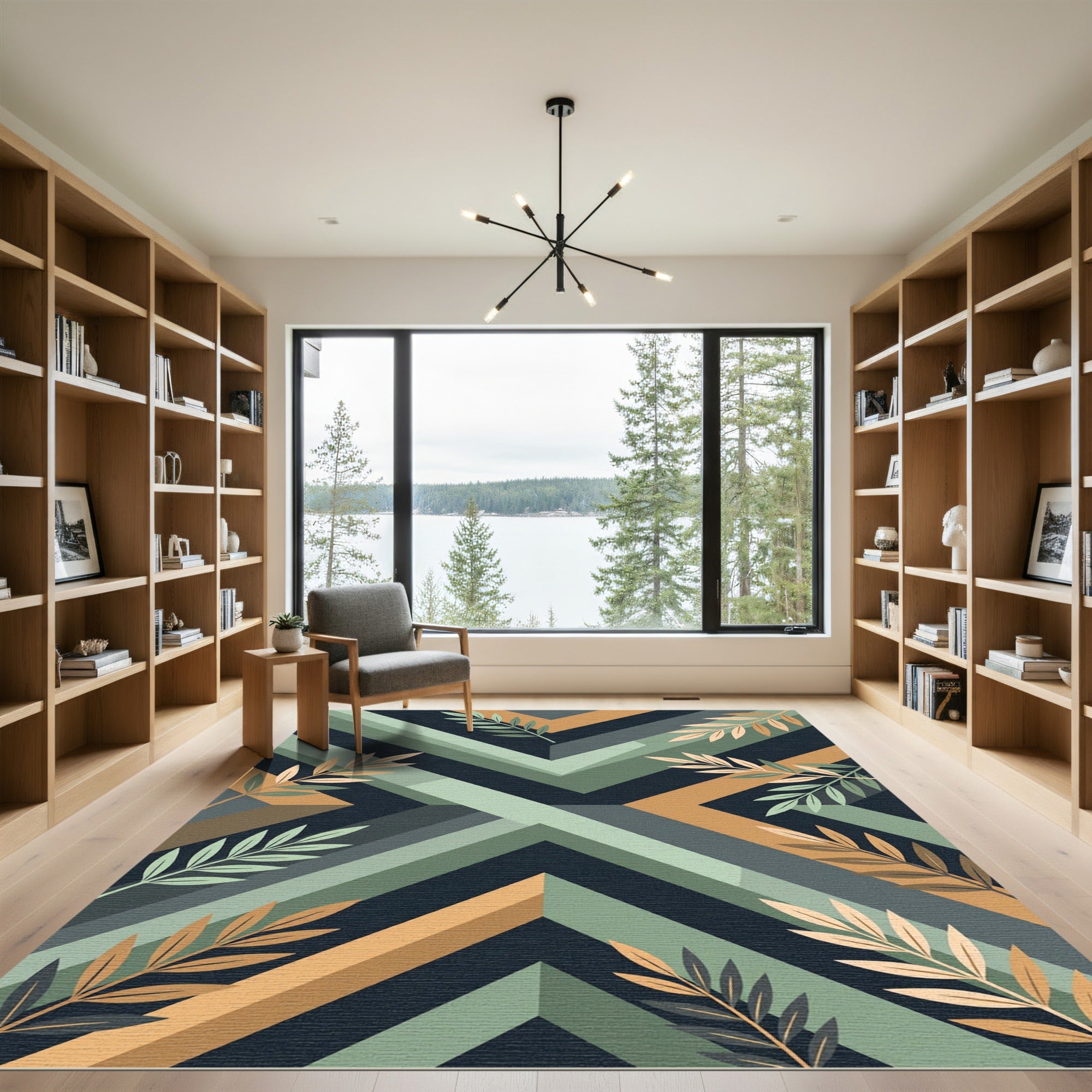 Geometric Sage and Ochre Botanical Art Rug
